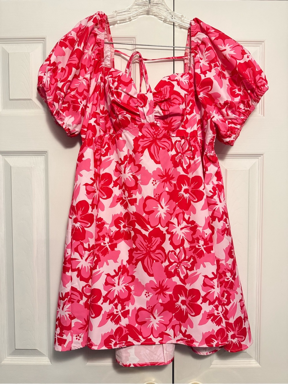 SHEIN Pink & Red Floral Puff-Sleeve Dress for Kids
